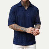 The Glenridge Hill Men’s Bohemian Crochet Mesh Linen Shirt – Navy Blue