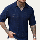 The Glenridge Hill Men’s Bohemian Crochet Mesh Linen Shirt – Navy Blue