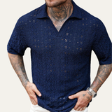 The Glenridge Hill Men’s Bohemian Crochet Mesh Linen Shirt – Navy Blue
