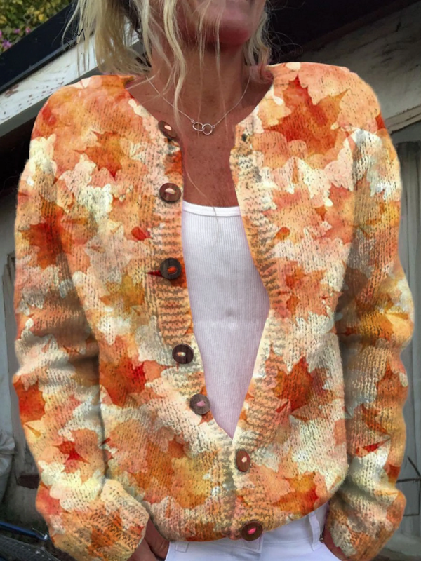 Maple leaf autumn art print buttoned cardigan for women | Ellie Dublin