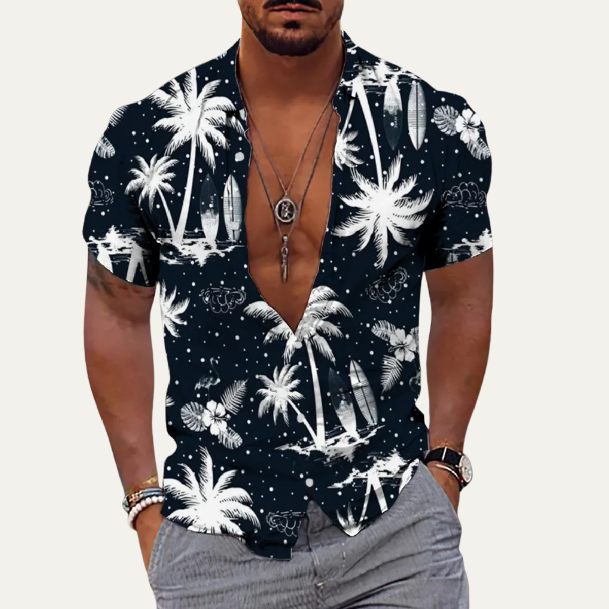 The Ridgewind Men’s Retro Tropical Coconut Print Hawaiian Beach Shirt