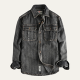 The Oakcrest Men’s Vintage Washed Vertical Stripe Denim Shirt Jacket – Dark Blue