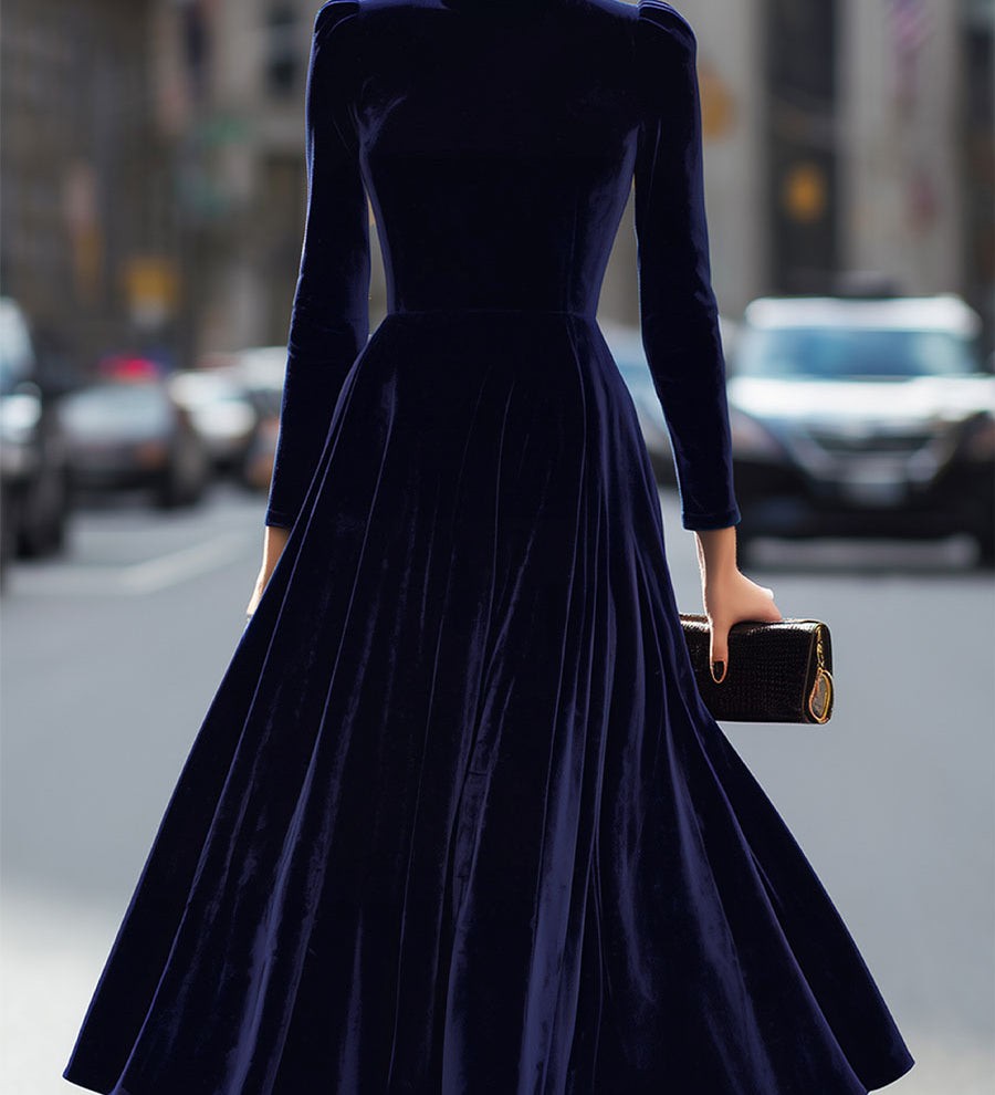 Julie | Navy Blue Midi Dress with Long Sleeves