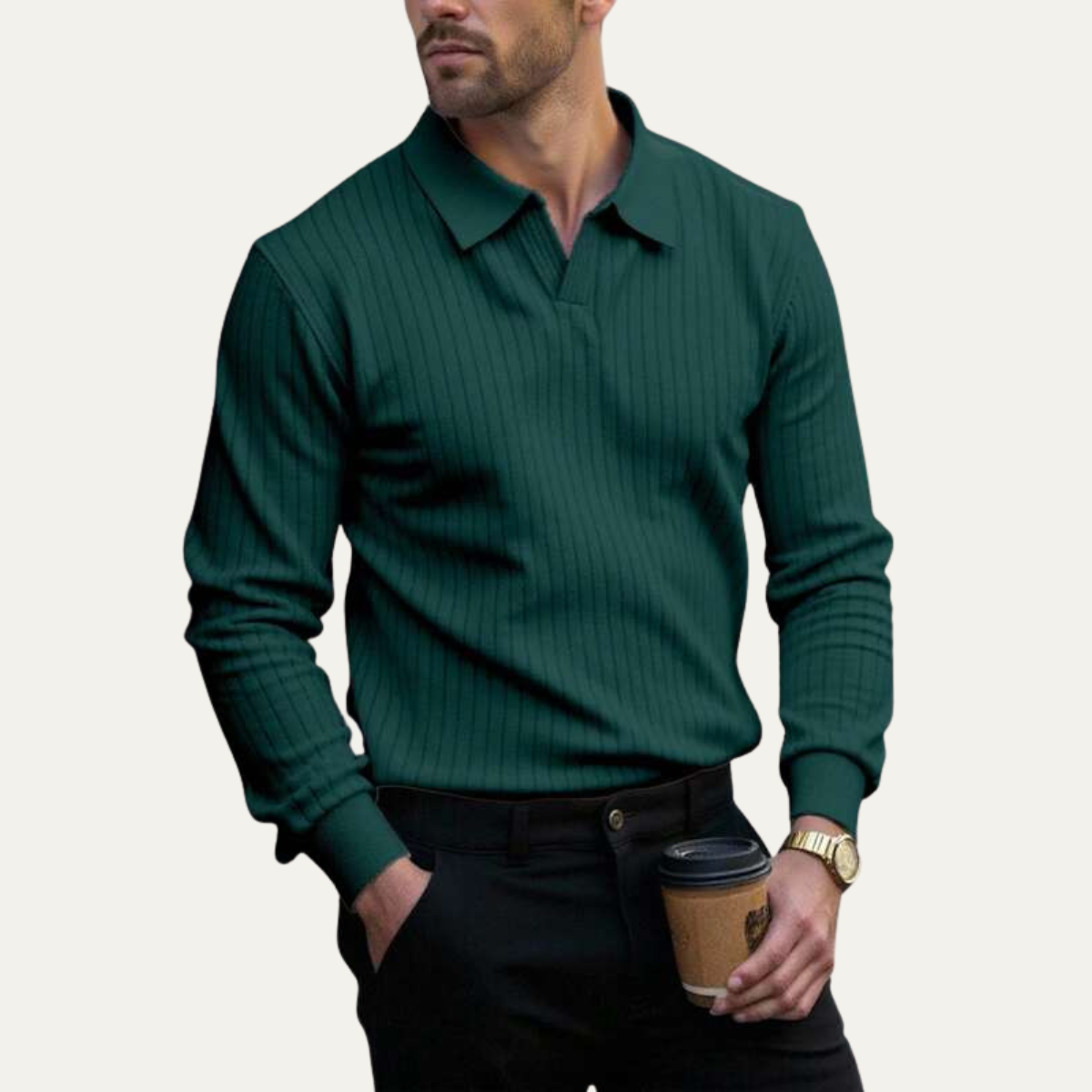 The Oakpark Men’s Trendy Long Sleeve Ribbed Knit Polo Shirt