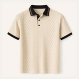 The Ashridge Hill Men’s Apricot Knitted Polo Shirt with Rib Knit Details