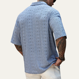 The Glenridge Hill Men’s Bohemian Crochet Mesh Linen Shirt – Light Blue