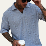 The Glenridge Hill Men’s Bohemian Crochet Mesh Linen Shirt – Light Blue