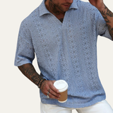 The Brookstone Men’s Crochet Knit Short Sleeve Polo Shirt – Light Blue