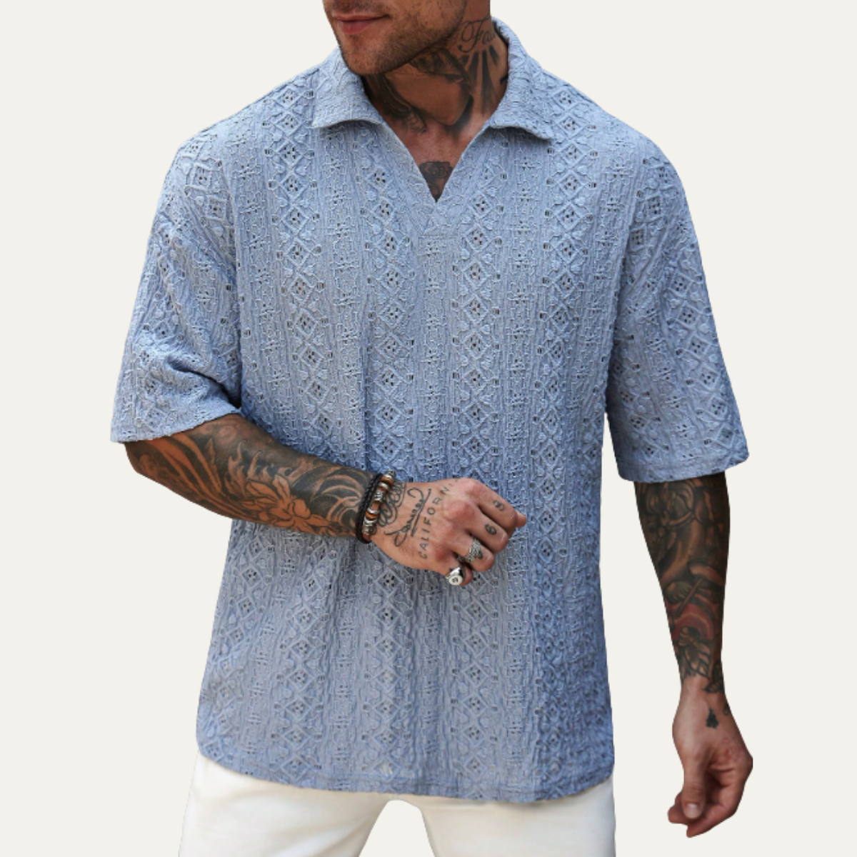 The Brookstone Men’s Crochet Knit Short Sleeve Polo Shirt – Light Blue
