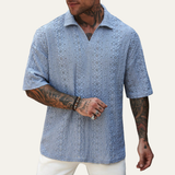 The Brookstone Men’s Crochet Knit Short Sleeve Polo Shirt – Light Blue