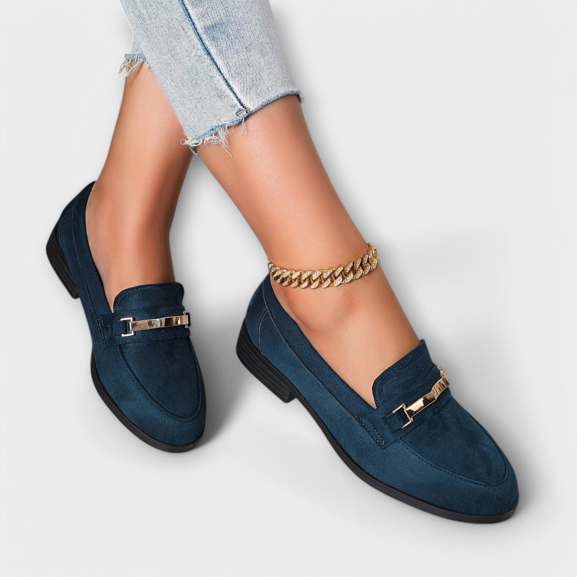 Rosaleen gold chain suede-effect loafers for women | Ellie Dublin