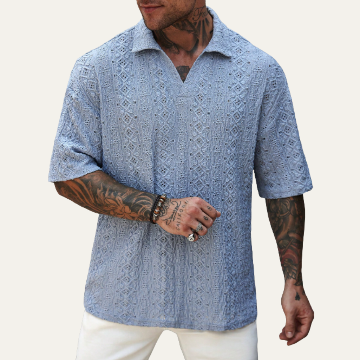 The Glenridge Hill Men’s Bohemian Crochet Mesh Linen Shirt – Light Blue
