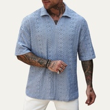 The Glenridge Hill Men’s Bohemian Crochet Mesh Linen Shirt – Light Blue