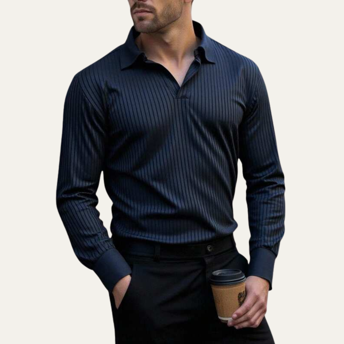 The Oakpark Men’s Trendy Long Sleeve Ribbed Knit Polo Shirt