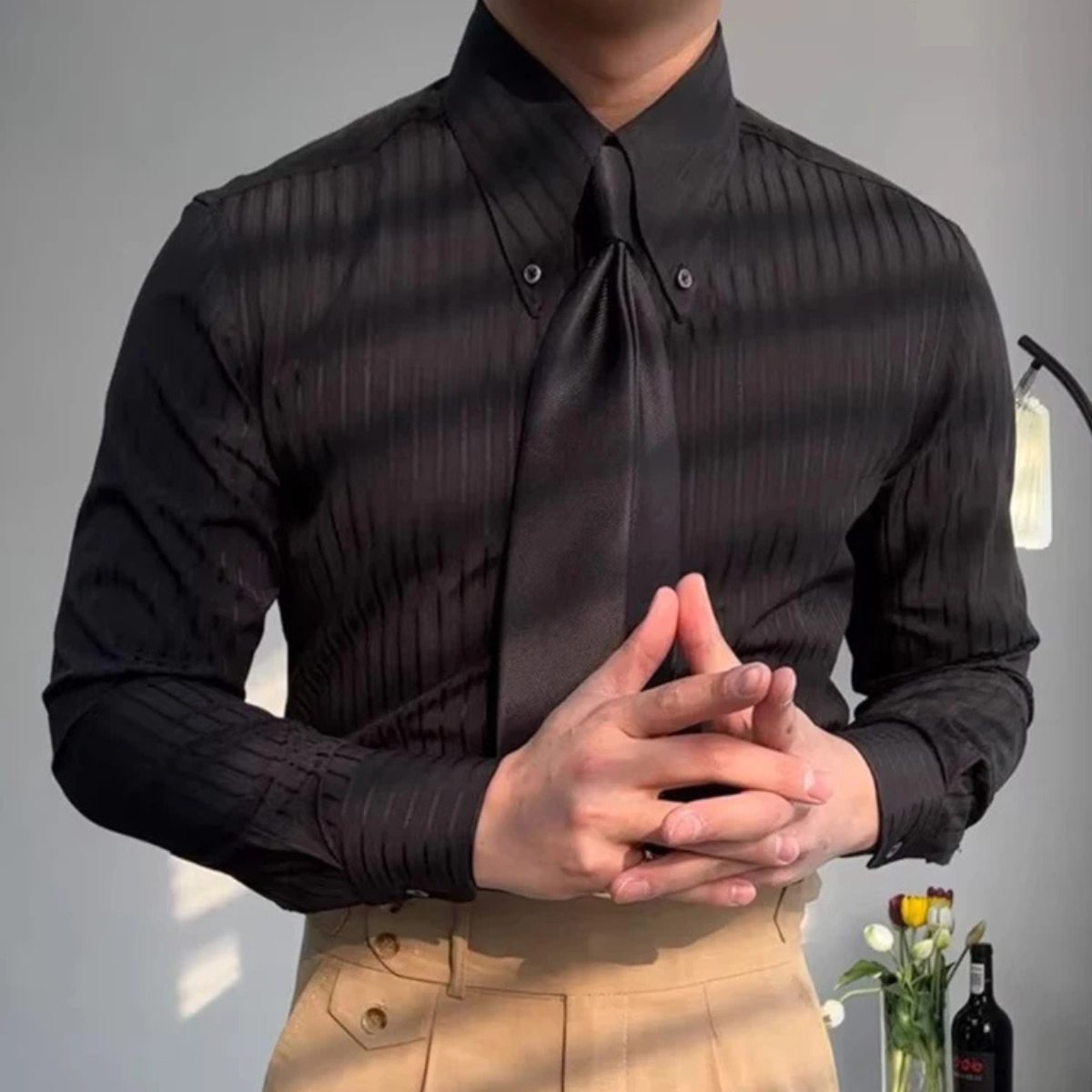 The Palermo Men’s Textured Pleated Formal Button Up Dress Shirt – Black