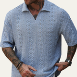 The Glenridge Hill Men’s Bohemian Crochet Mesh Linen Shirt – Light Blue