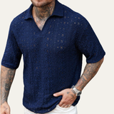 The Glenridge Hill Men’s Bohemian Crochet Mesh Linen Shirt – Navy Blue
