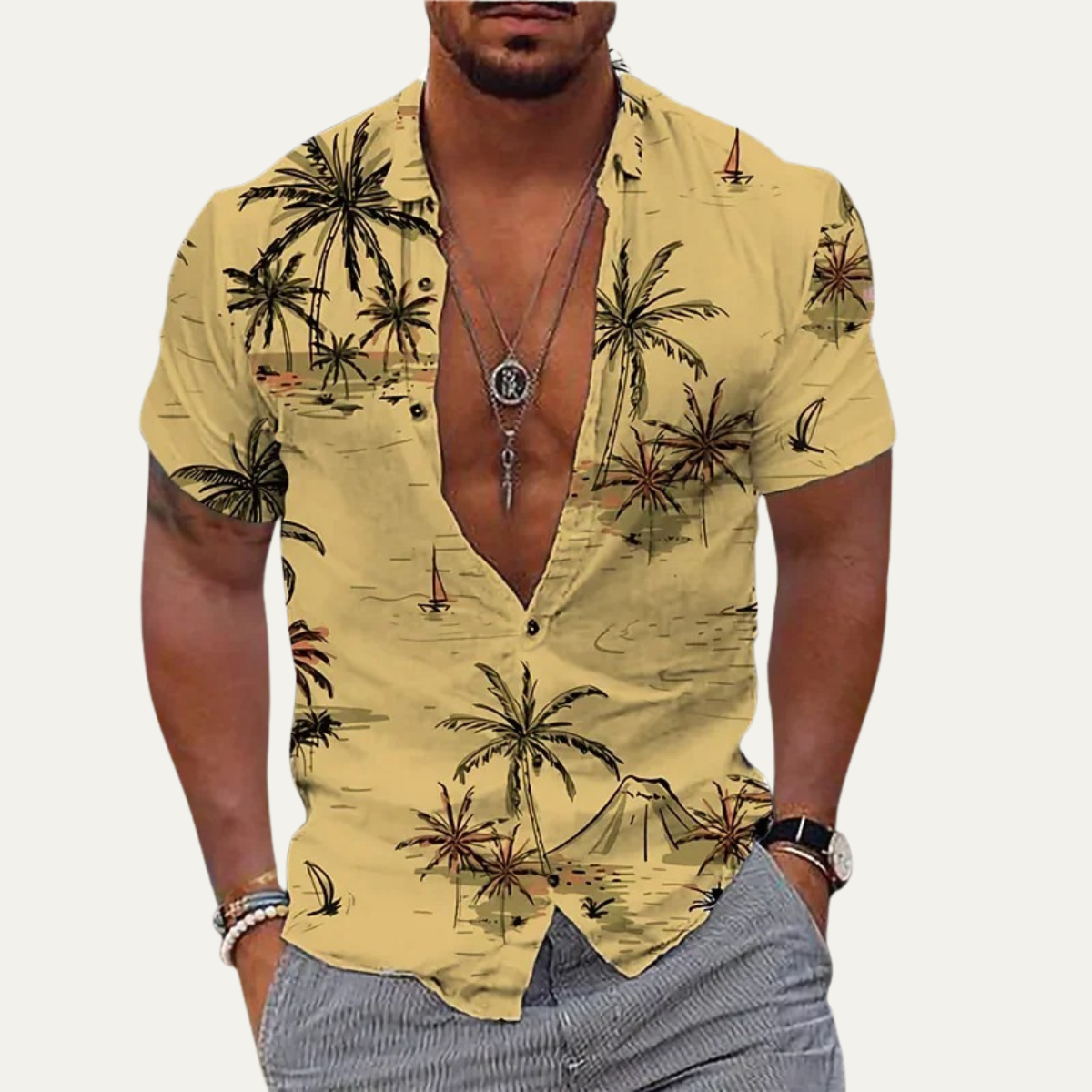 The Cedarforest Men’s Casual Tropical Coconut Print Hawaiian Beach Shirt