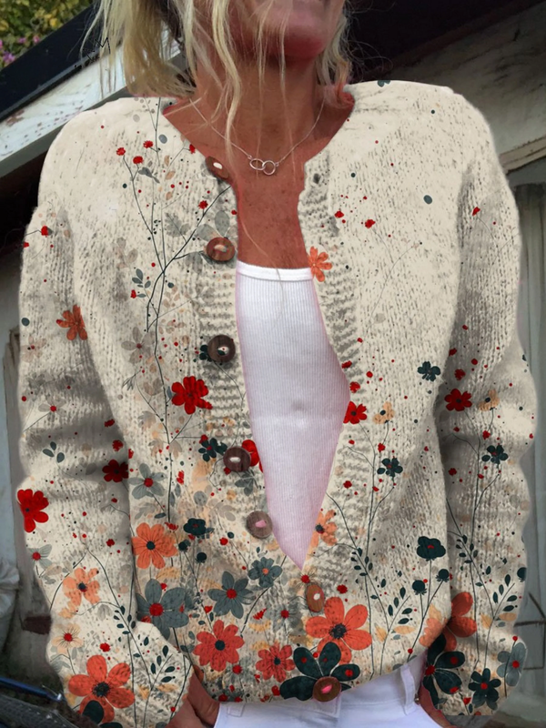 Vintage flower art print buttoned cardigan for women | Ellie Dublin