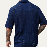 The Glenridge Hill Men’s Bohemian Crochet Mesh Linen Shirt – Navy Blue