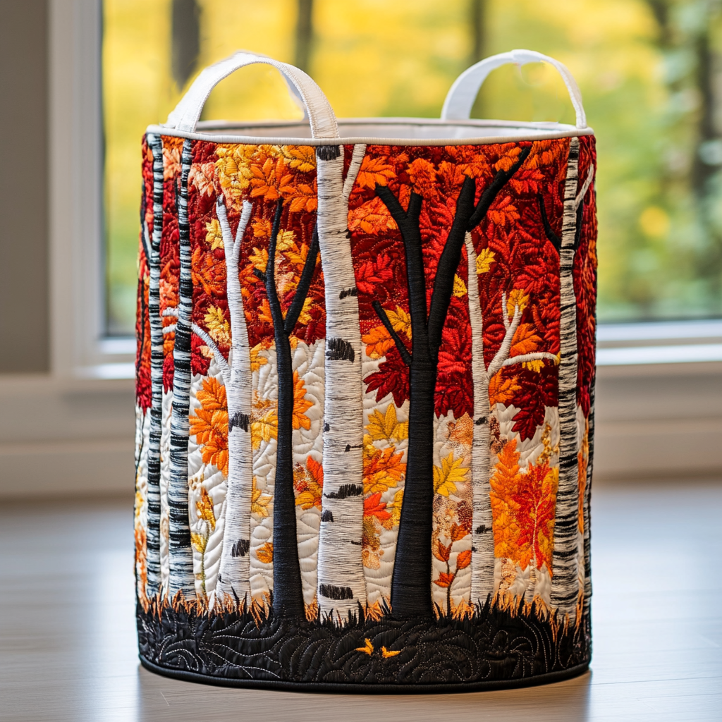 Evie forest quilted laundry basket in Autumn Grove design by Ellie Dublin