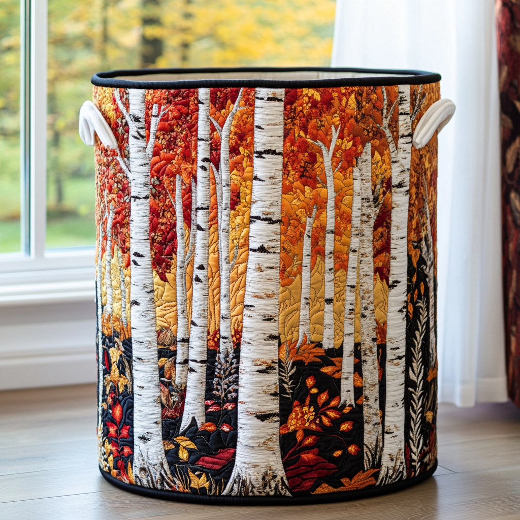 Evie forest quilted laundry basket in Birch Leaves design by Ellie Dublin