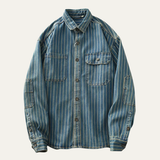 The Oakcrest Men’s Vintage Washed Vertical Stripe Denim Shirt Jacket – Blue