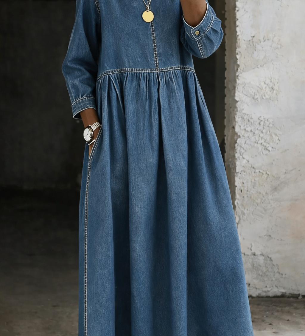 Elise | Long Denim Dress with Round Neck and Long Sleeves