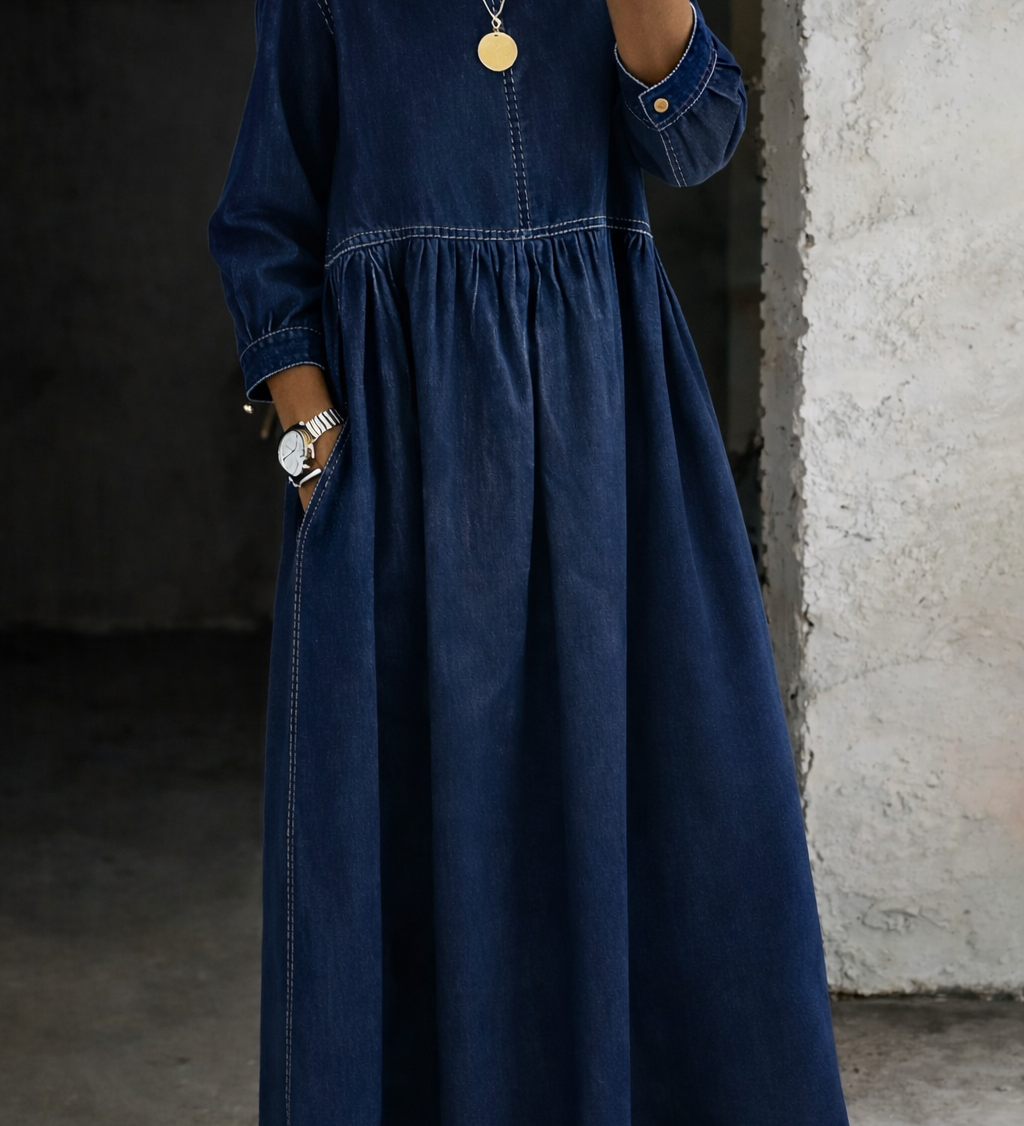 Elise | Long Denim Dress with Round Neck and Long Sleeves