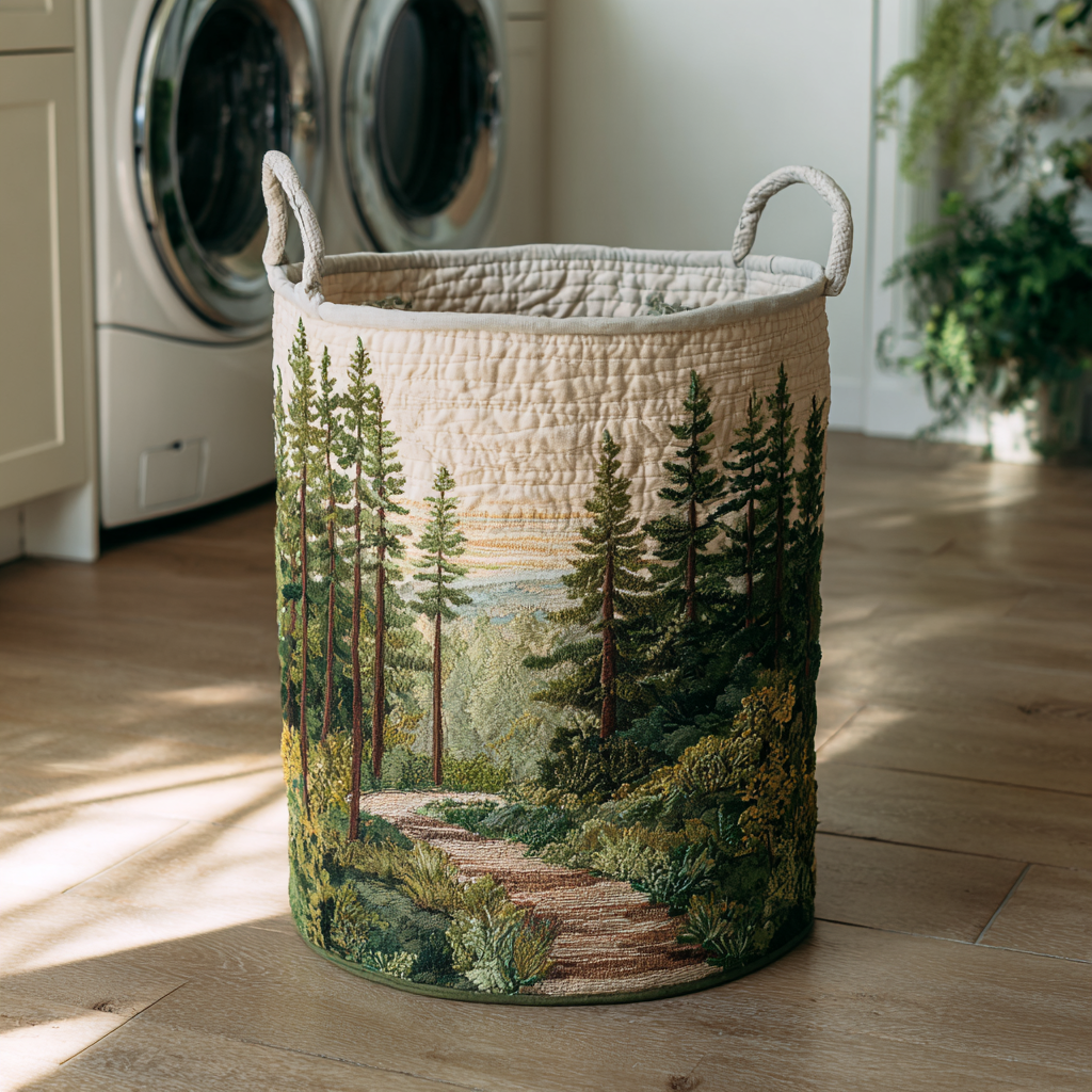 Evie forest quilted laundry basket in Forest Path design by Ellie Dublin