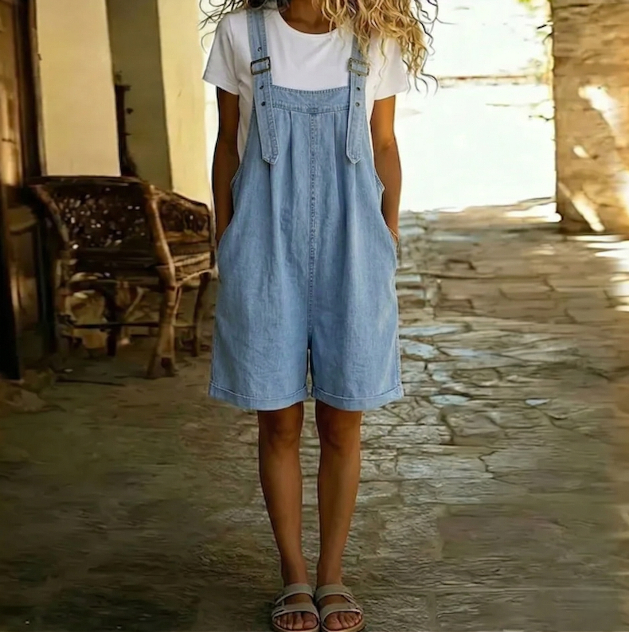 Ondine | Light Blue Denim Short Dungarees