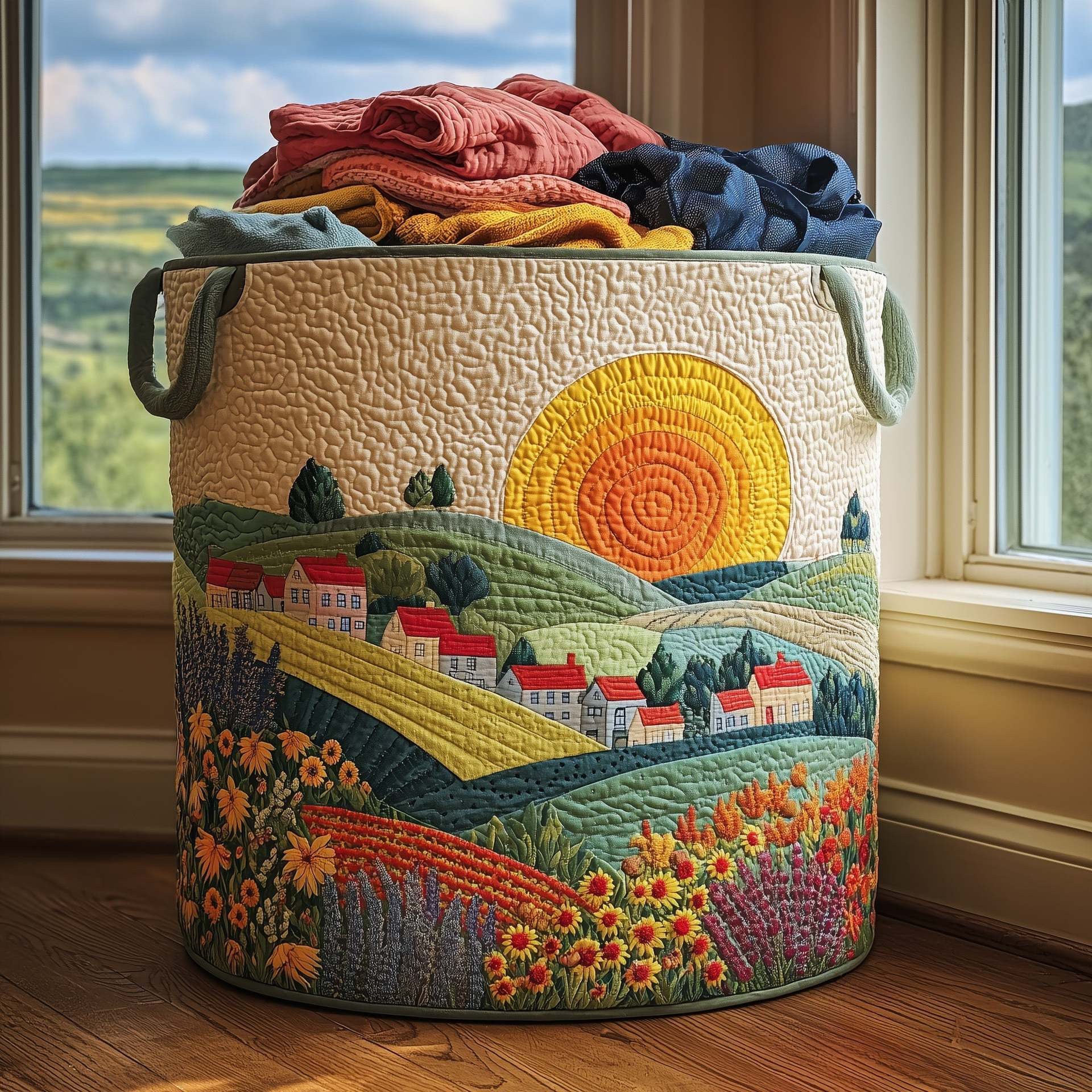 Tansy golden sunset village quilted laundry basket by Ellie Dublin