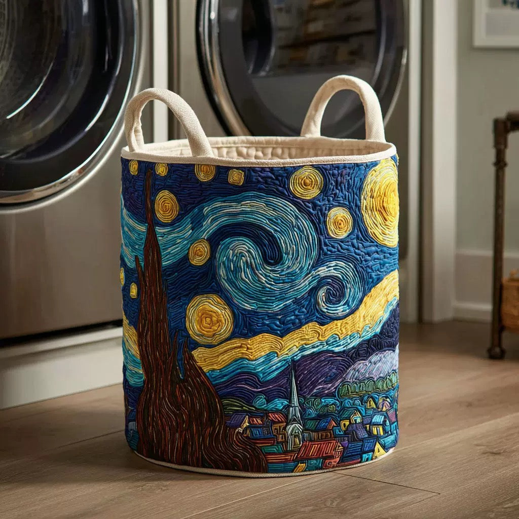 Vincent starry night village quilted laundry basket by Ellie Dublin