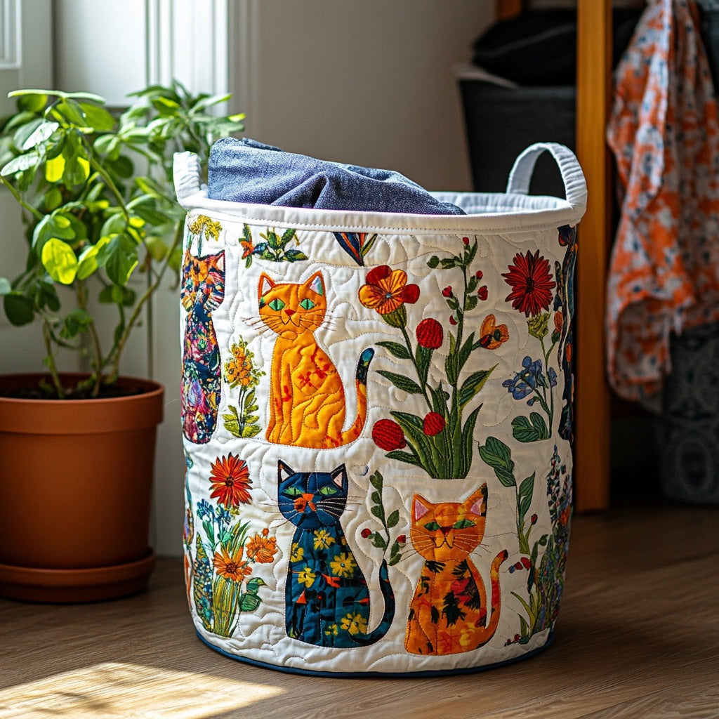 Marnie painted cat garden quilted laundry basket by Ellie Dublin
