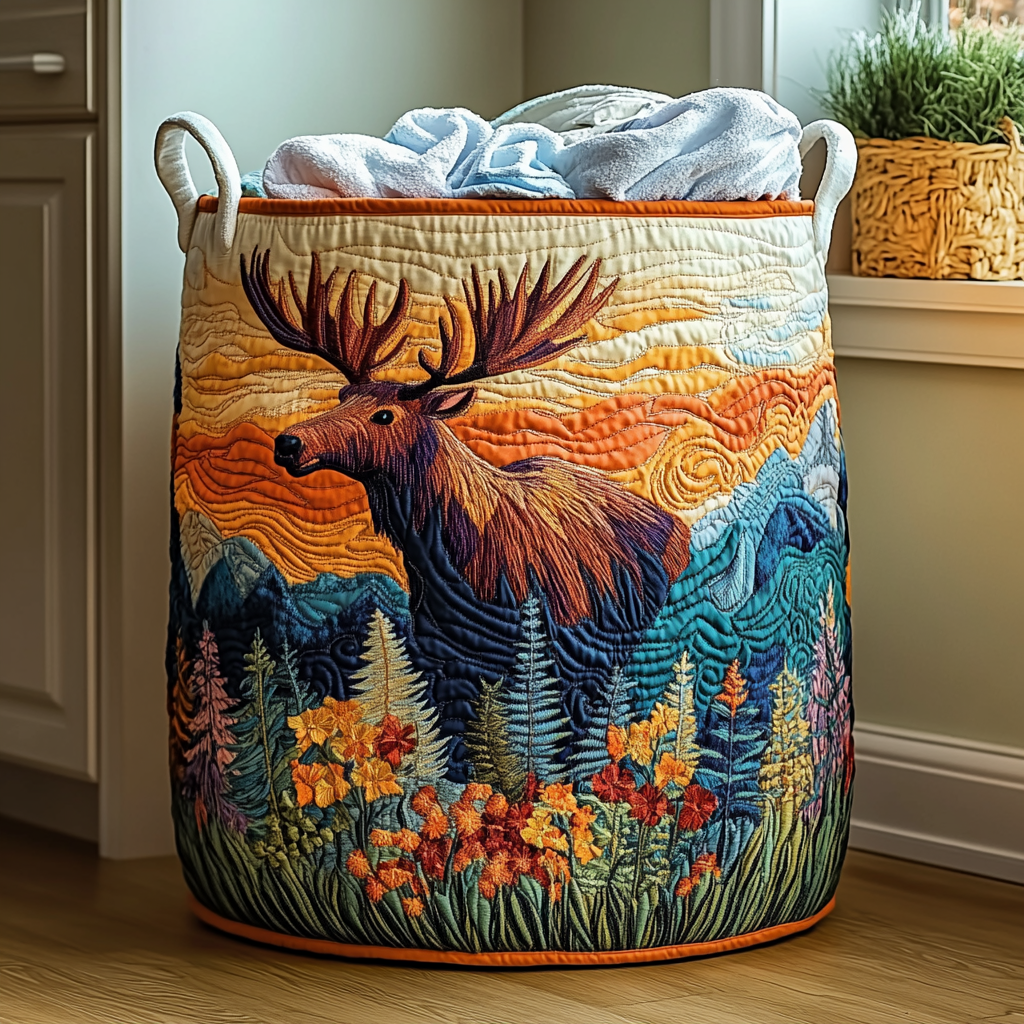Evie forest quilted laundry basket in Moose Charm design by Ellie Dublin