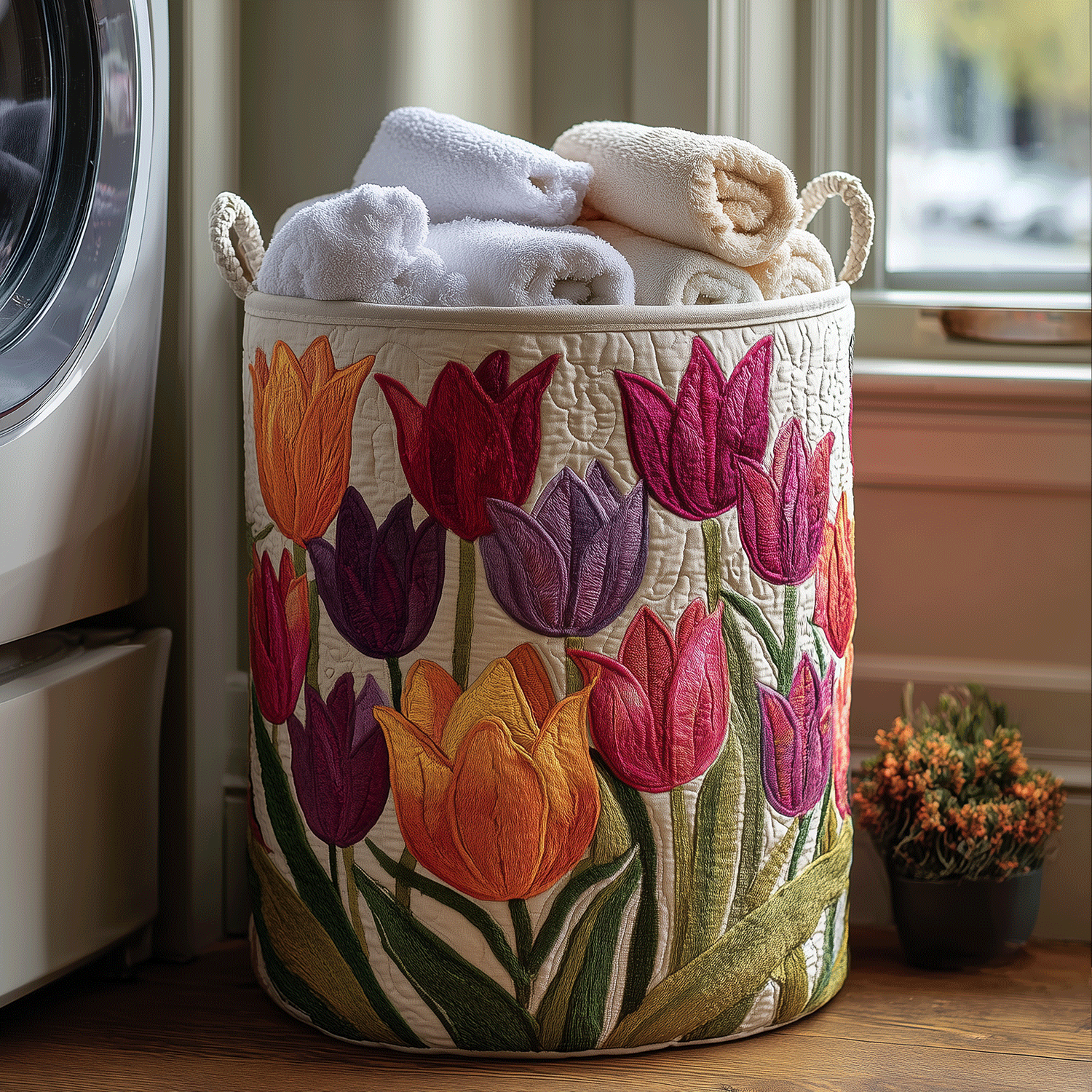 Poppy tulip joy quilted laundry basket by Ellie Dublin