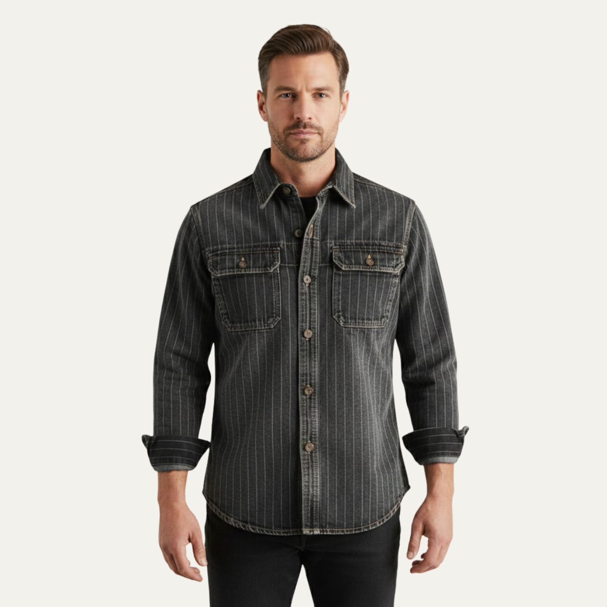 The Oakcrest Men’s Vintage Washed Vertical Stripe Denim Shirt Jacket – Dark Blue