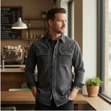 The Oakcrest Men’s Vintage Washed Vertical Stripe Denim Shirt Jacket – Dark Blue