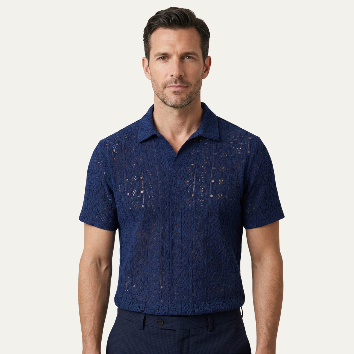 The Brookstone Men’s Crochet Knit Short Sleeve Polo Shirt – Navy Blue