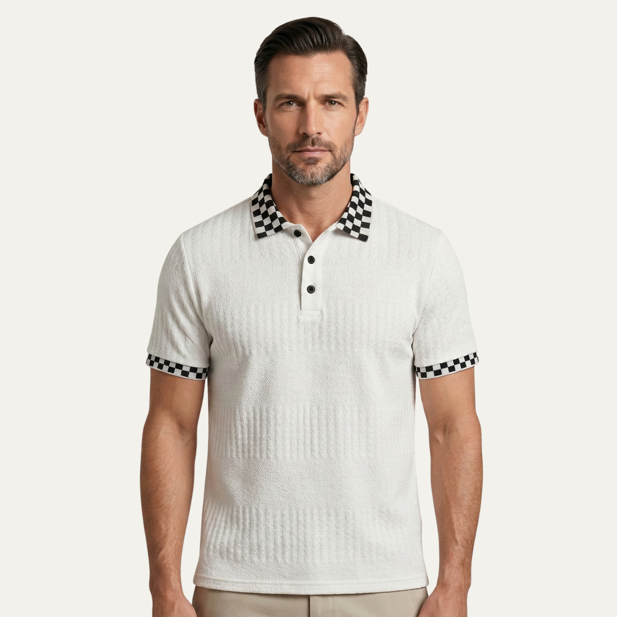 The Glenwater Men’s Textured Knit Polo Shirt with Checkered Collar