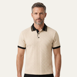 The Ashridge Hill Men’s Apricot Knitted Polo Shirt with Rib Knit Details