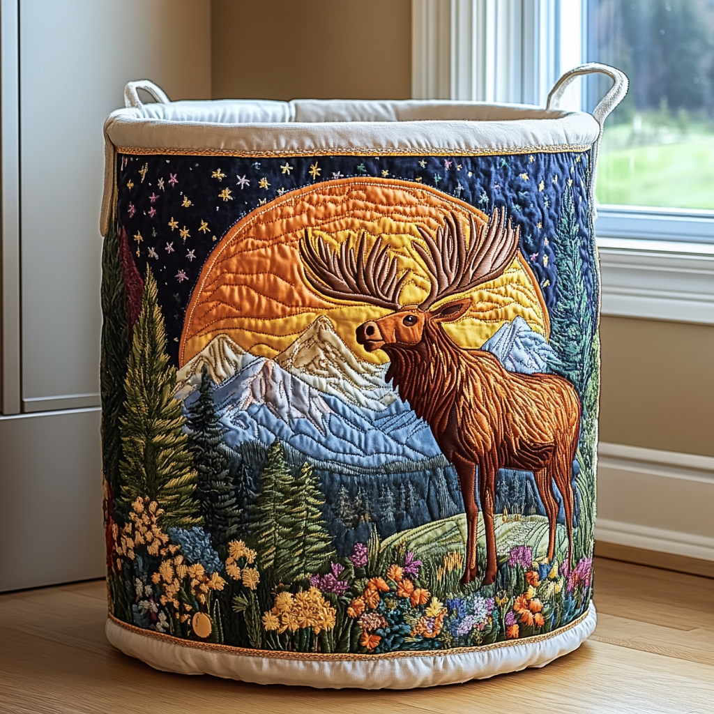 Evie forest quilted laundry basket in Wild Moose design by Ellie Dublin