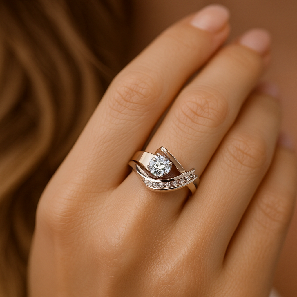 Carla – Vintage Asymmetrical Ring in Gold and Silver Adorned with Zircons – view 3