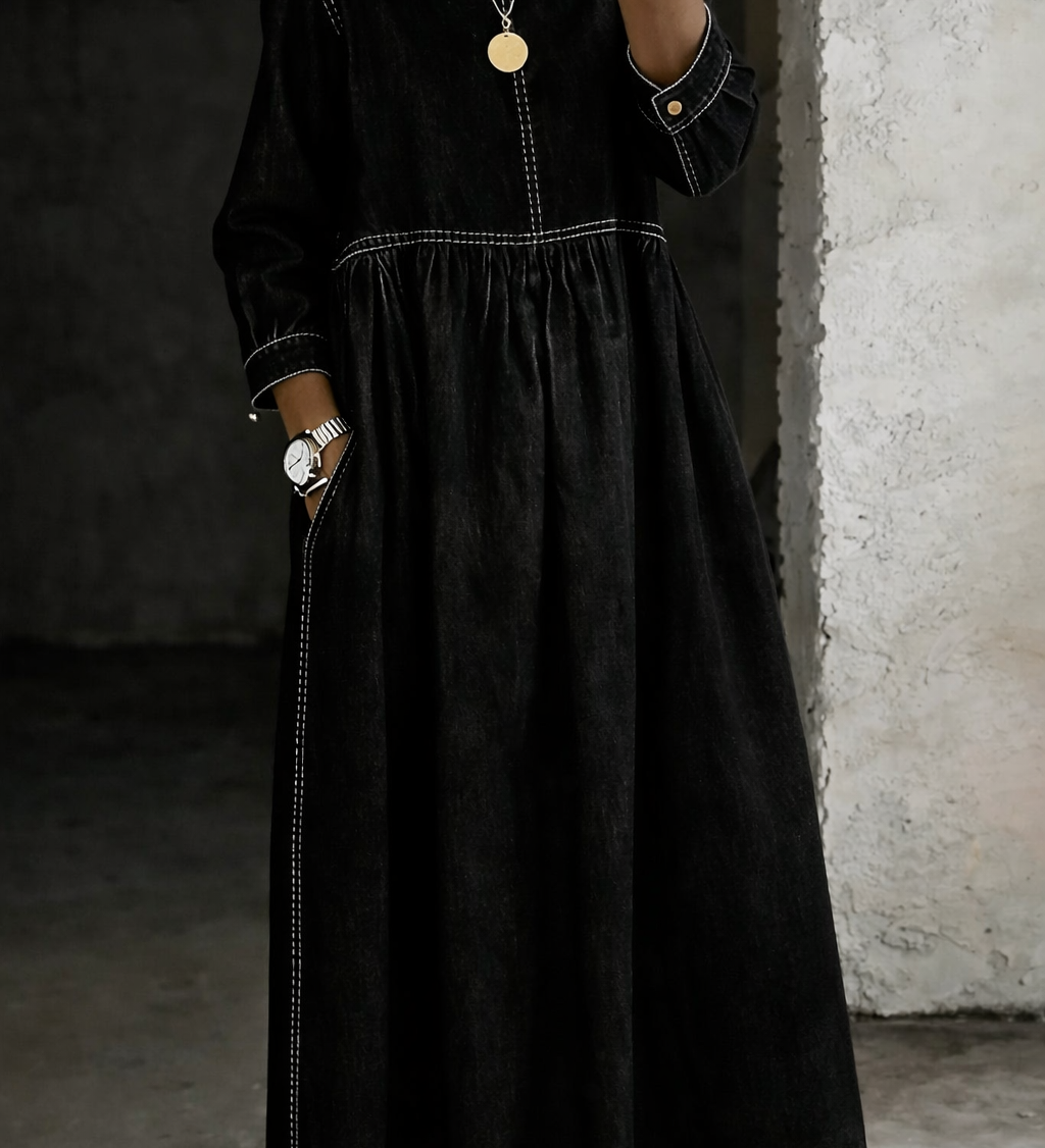 Elise | Long Denim Dress with Round Neck and Long Sleeves – view 4