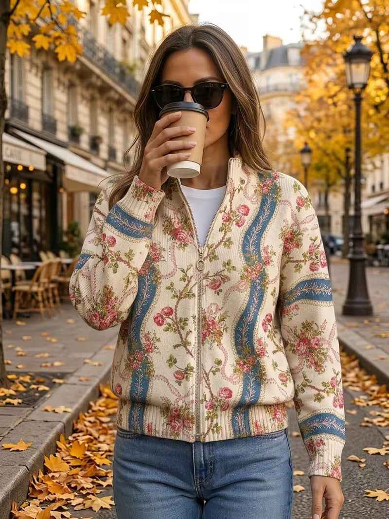 Fainche climbing rose stripe zip cardigan for women | Ellie Dublin
