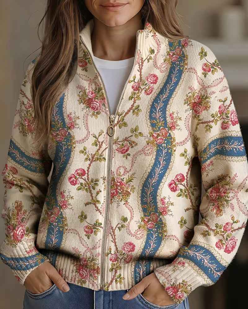 Fainche climbing rose stripe zip cardigan for women | Ellie Dublin