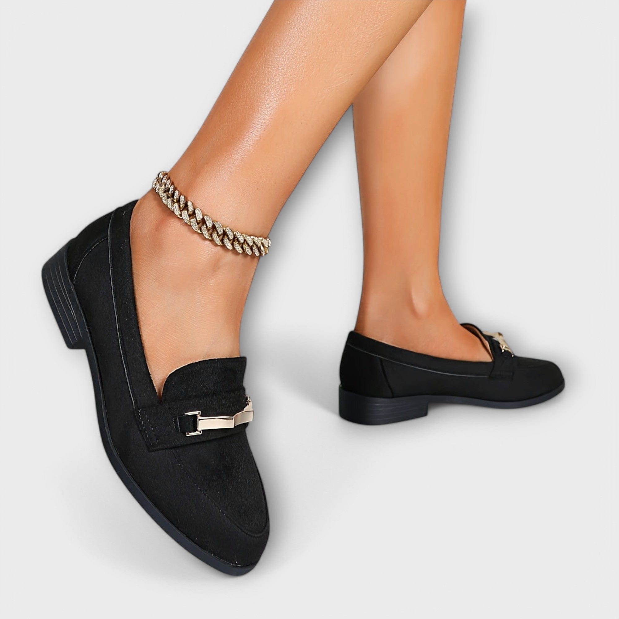 Rosaleen gold chain suede-effect loafers for women | Ellie Dublin