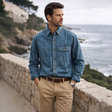 The Oakcrest Men’s Vintage Washed Vertical Stripe Denim Shirt Jacket – Blue