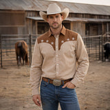 The Linfield Men’s Two-Tone Patchwork Western Trendy Denim Shirt