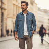 The Oakcrest Men’s Vintage Washed Vertical Stripe Denim Shirt Jacket – Blue